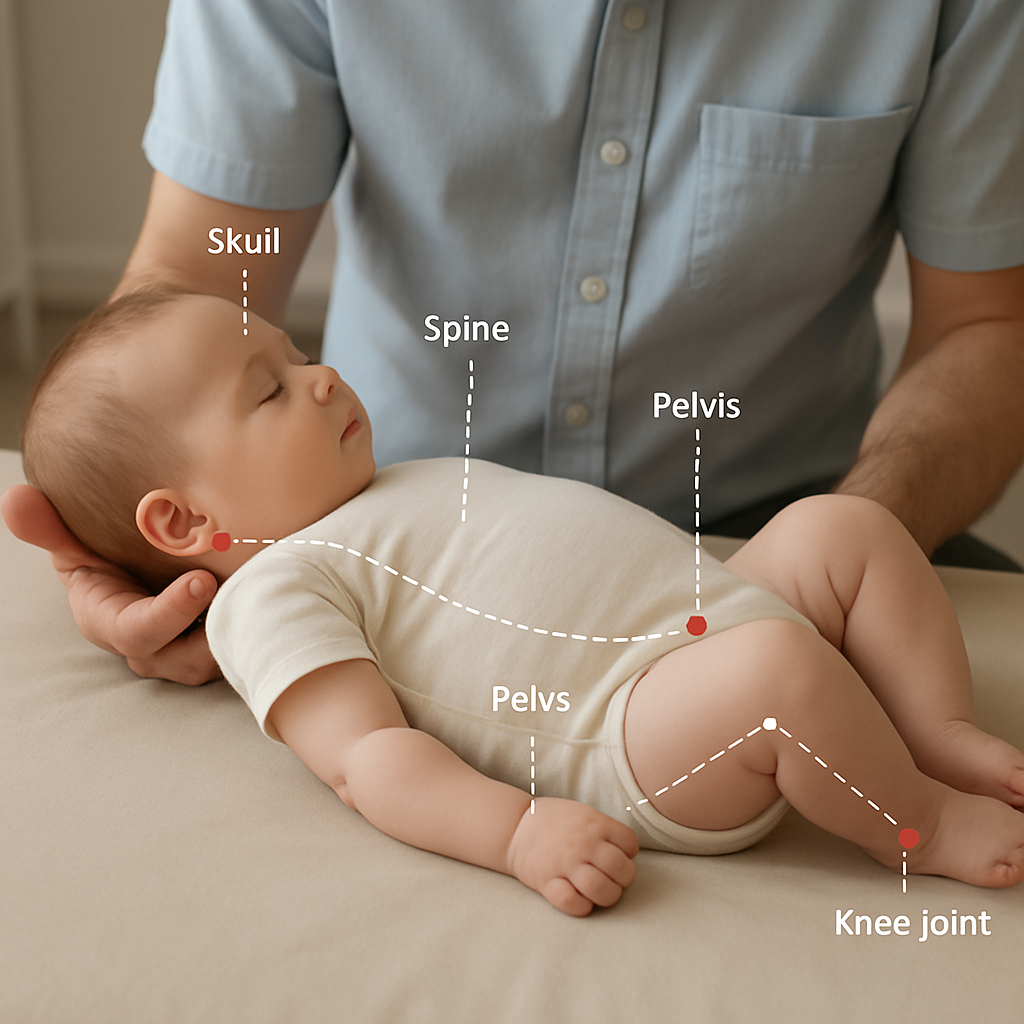 Illustration de la posture adaptée du bébé lors d'une séance d'ostéopathie