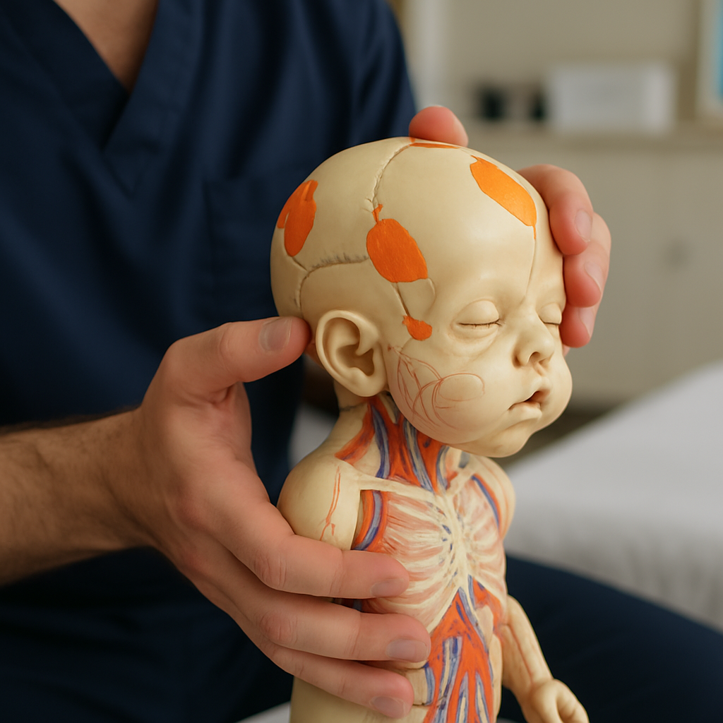 Modèle anatomique du crâne et du cou d'un bébé avec zones de mobilité ostéopathique