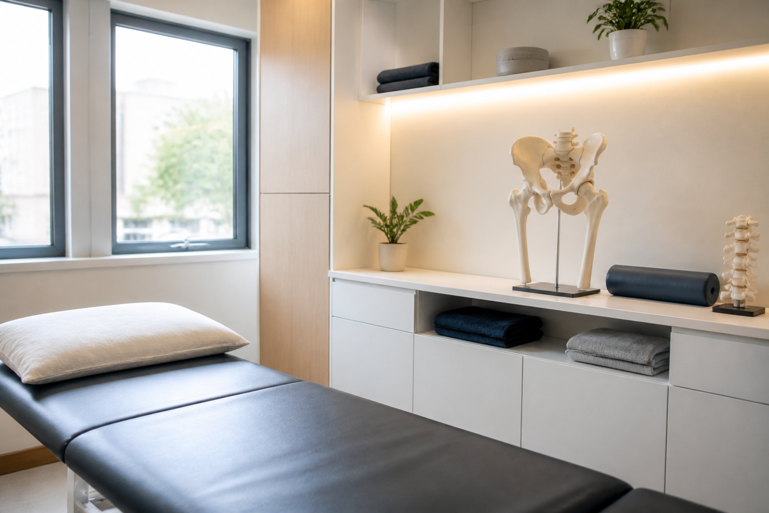 Cabinet d’ostéopathie lumineux et professionnel à Vitry avec modèle anatomique du bassin