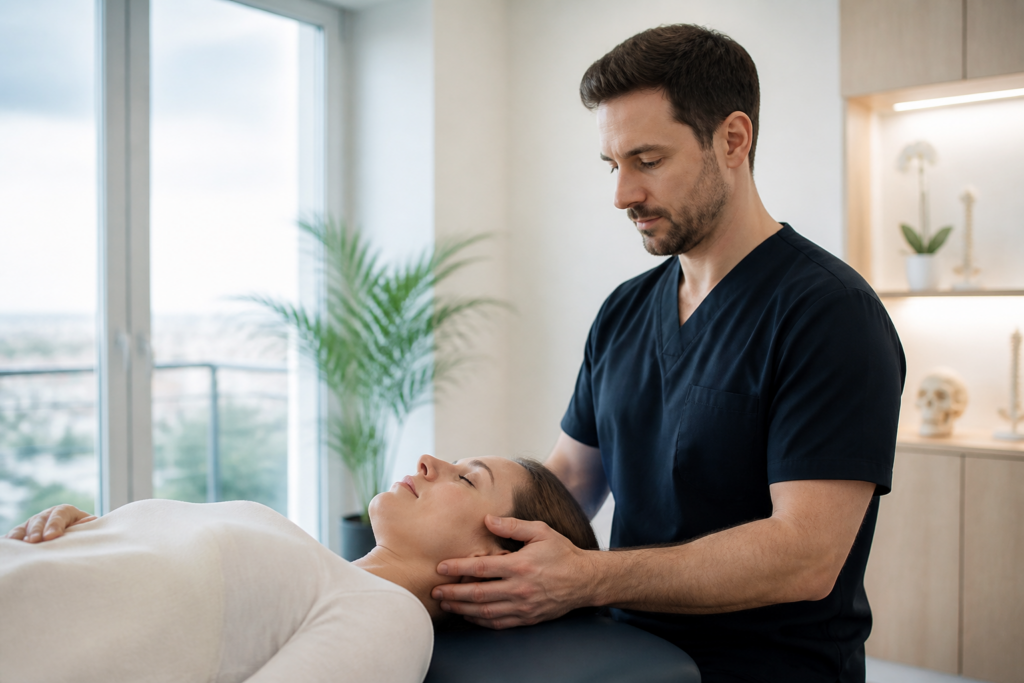 cabinet d'ostéopathie lumineux à Vitry avec praticien et patient en séance paisible