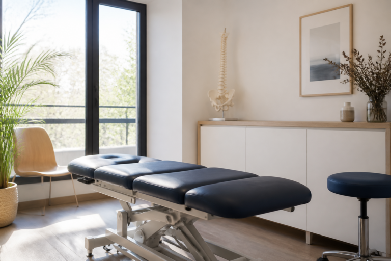 Cabinet d'ostéopathie lumineux et calme à Vitry avec table de consultation