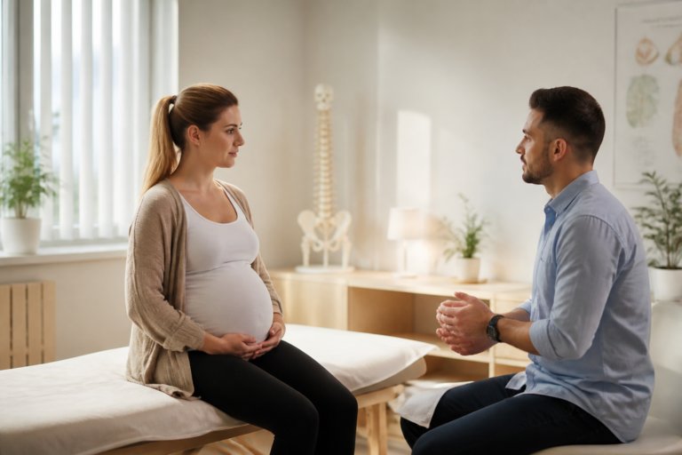 Cabinet d'ostéopathie lumineux à Vitry avec femme enceinte en consultation