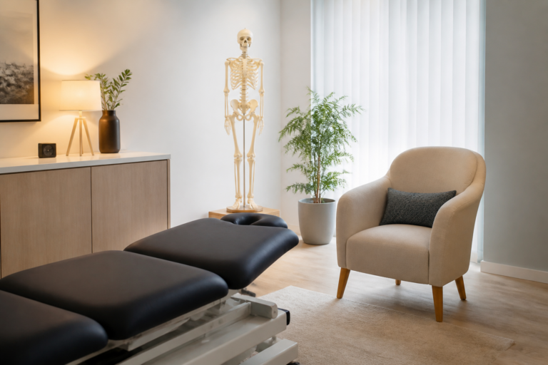 Cabinet d’ostéopathie lumineux à Vitry avec fauteuil et modèle anatomique