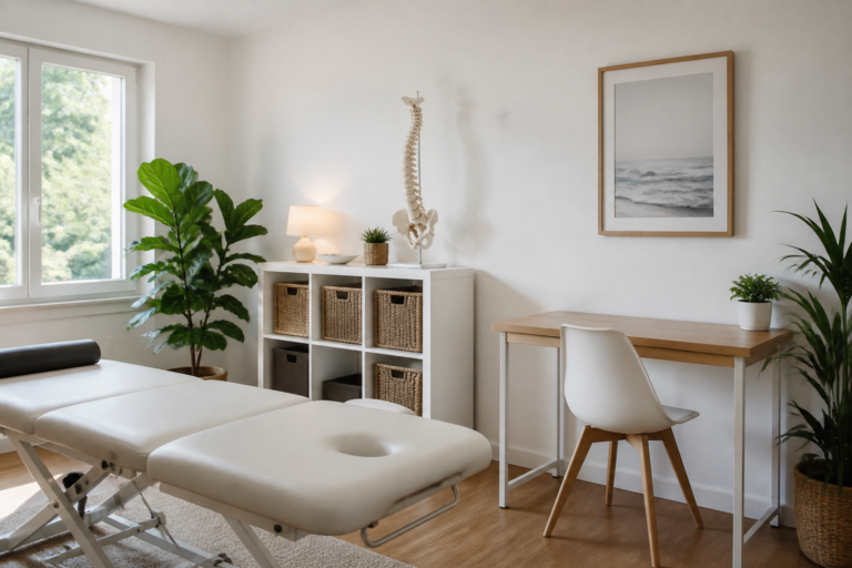 Cabinet d’ostéopathie lumineux à Vitry avec modèle anatomique et ambiance professionnelle