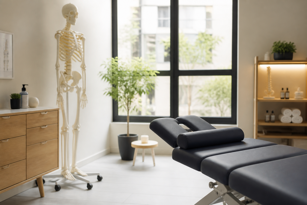 Cabinet d'ostéopathie lumineux à Vitry avec modèle anatomique et ambiance apaisante