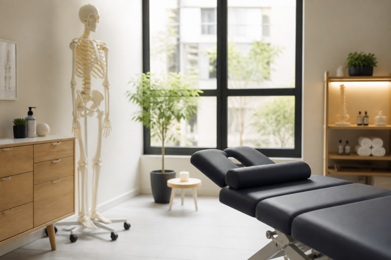 Cabinet d'ostéopathie lumineux à Vitry avec modèle anatomique et ambiance apaisante
