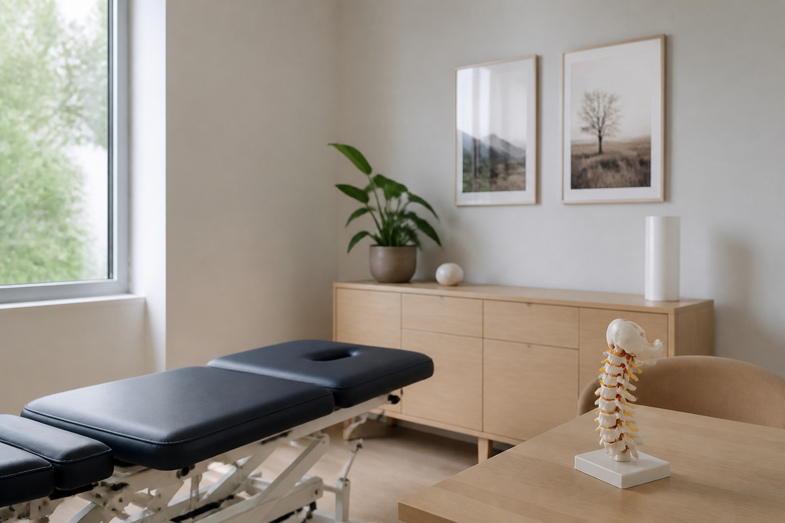 Cabinet d’ostéopathie lumineux avec modèle anatomique de la région cervicale