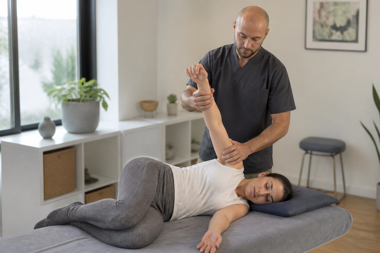 Étirements doux guidés lors d’une séance d’ostéopathie