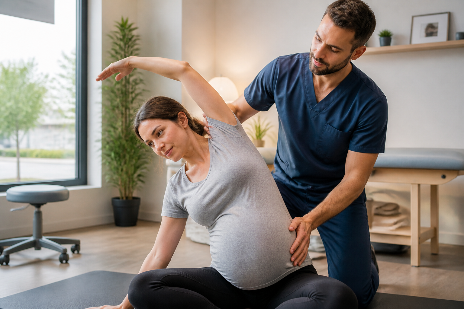 Femme enceinte effectuant des étirements doux guidés par un ostéopathe à Vitry