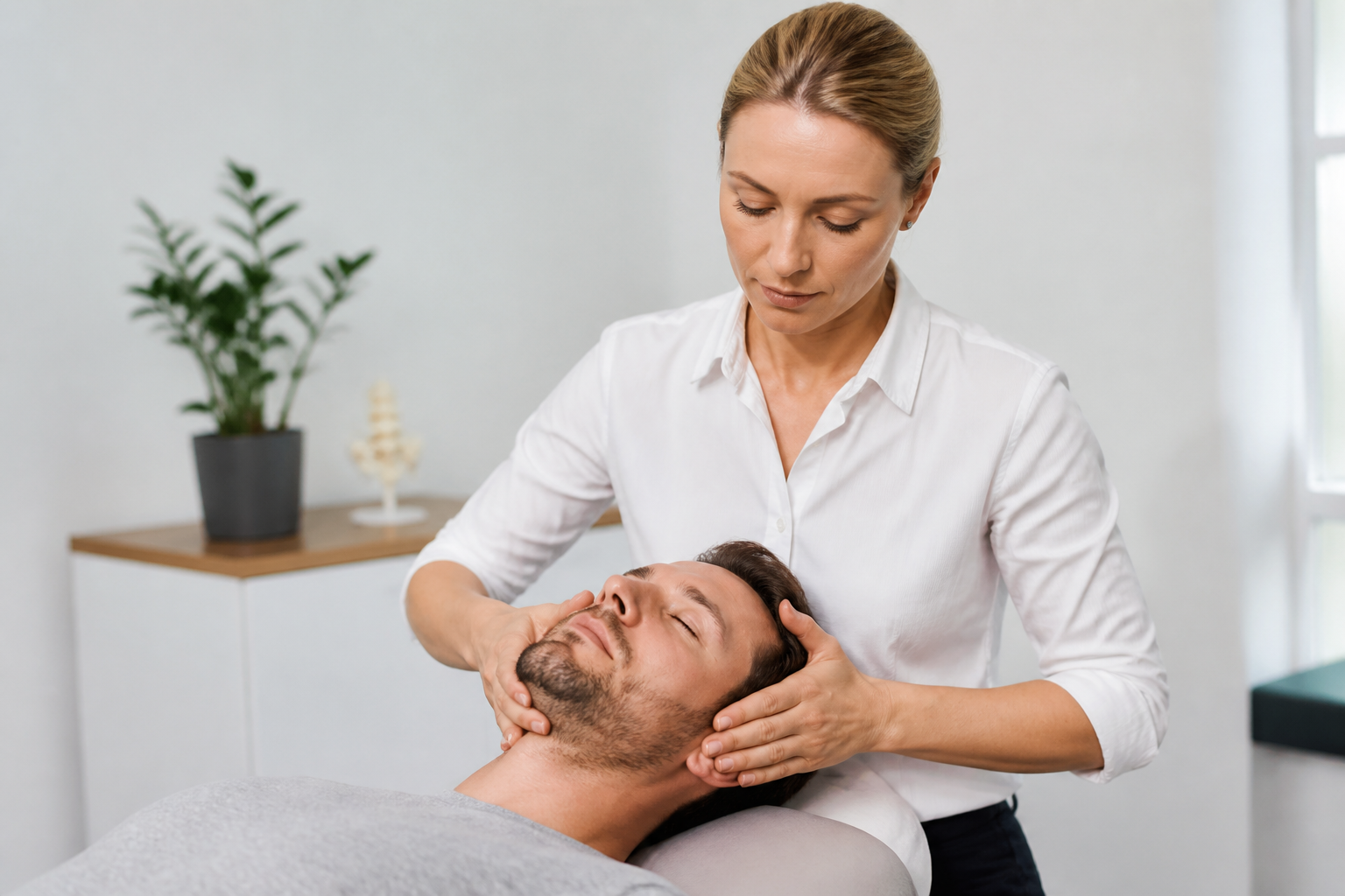 Étirements doux du cou et de la mâchoire en séance d'ostéopathie
