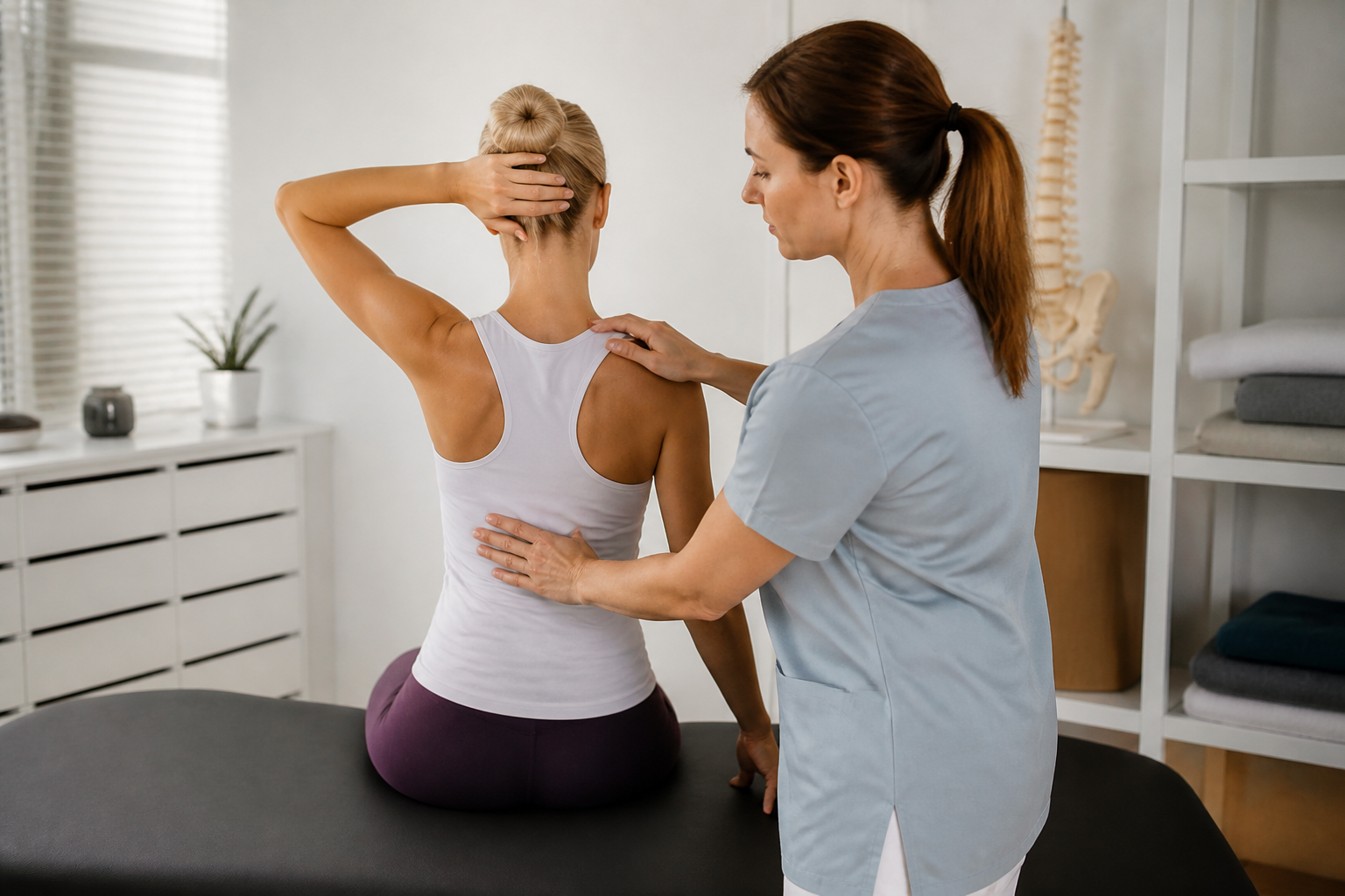 Exercice d’ajustement postural guidé lors d’une séance d’ostéopathie