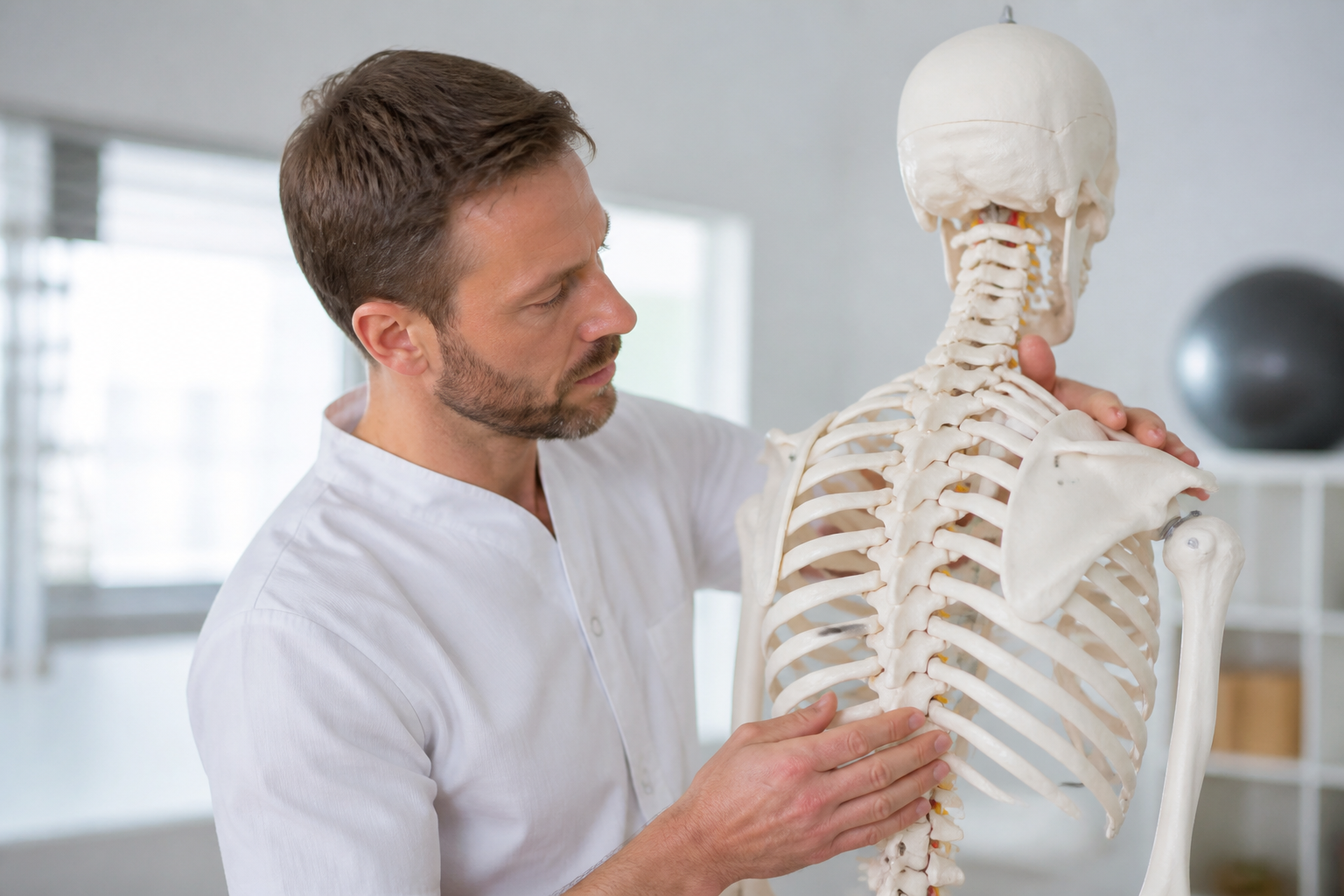 Ostéopathe montrant une correction de posture douce avec un modèle anatomique