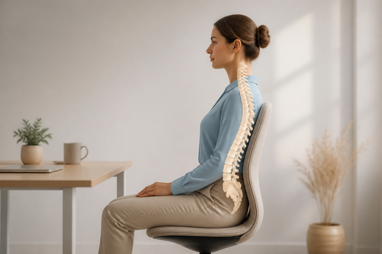 Posture assise correcte avec colonne vertébrale alignée
