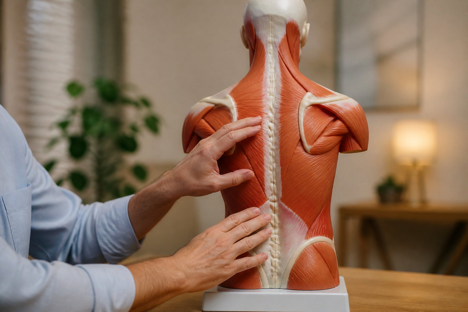 Modèle anatomique du dos utilisé pour expliquer la mobilité lors d'une consultation ostéopathique