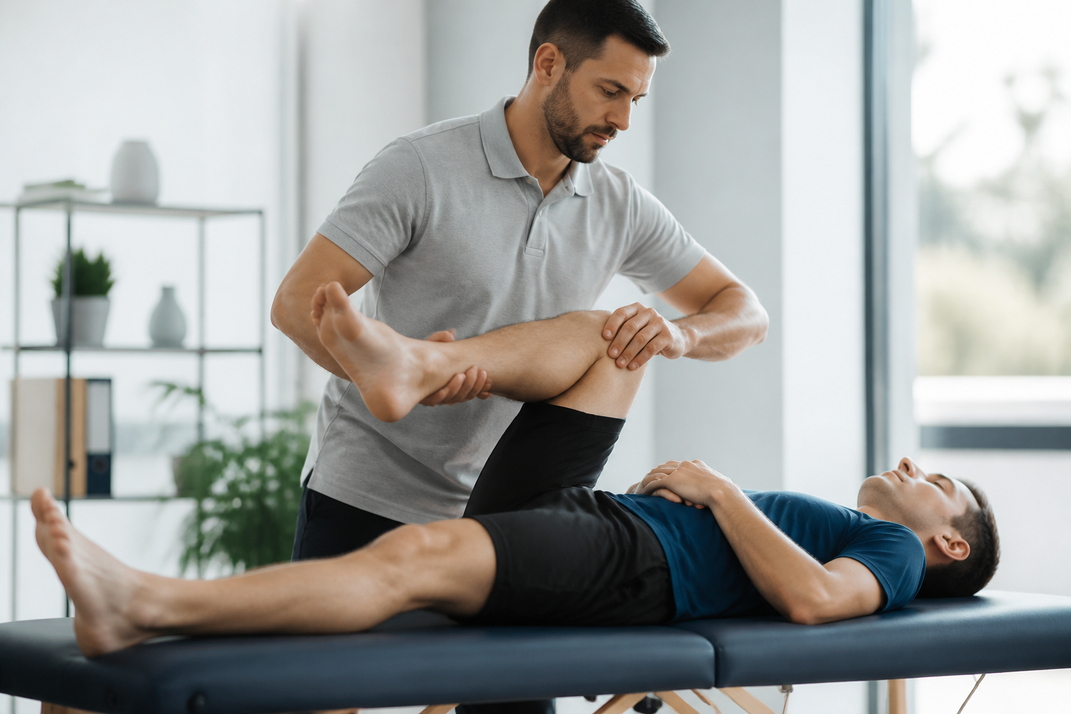 Ostéopathe guidant un sportif pour un étirement doux