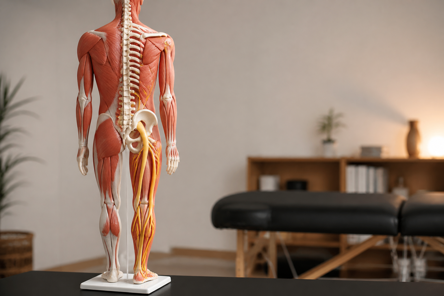 Modèle anatomique illustrant le nerf sciatique dans un cabinet d’ostéopathie