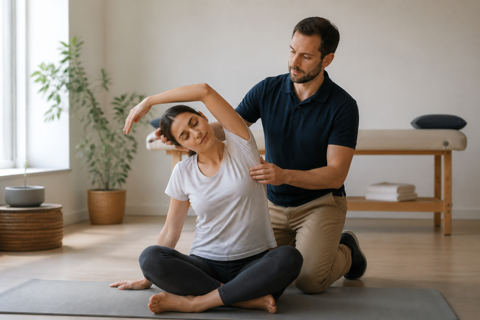 patient effectuant étirements guidés en séance d'ostéopathie pour améliorer posture et mobilité