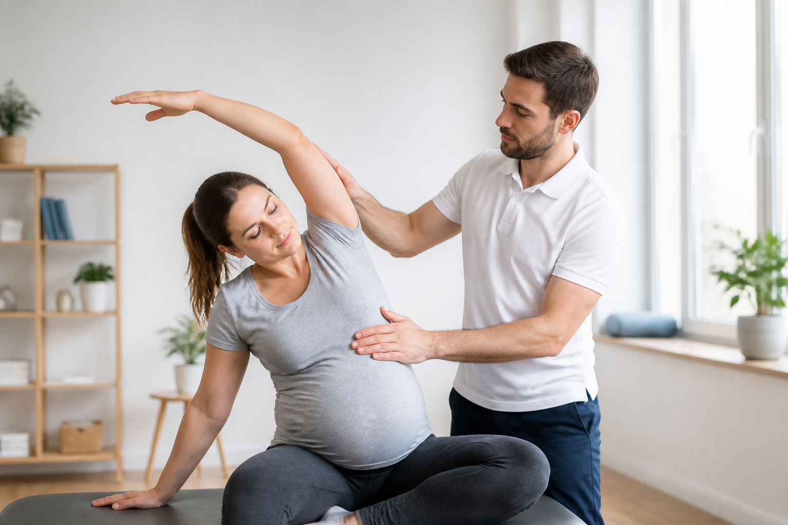 Femme enceinte réalisant un étirement guidé en séance d'ostéopathie