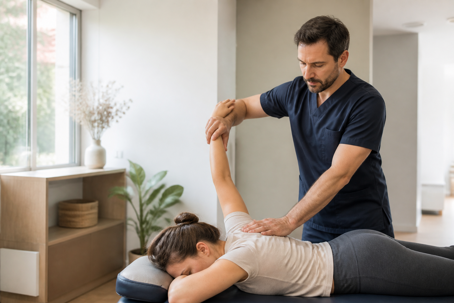 Posture d'étirement douce guidée dans un cabinet d'ostéopathie à Vitry