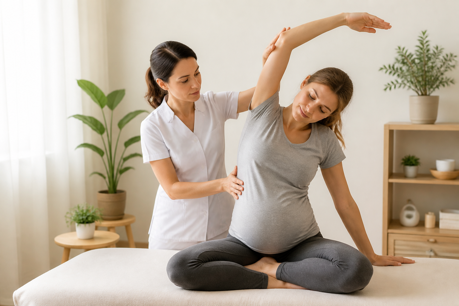 Femme enceinte pratiquant des étirements doux guidés en ostéopathie