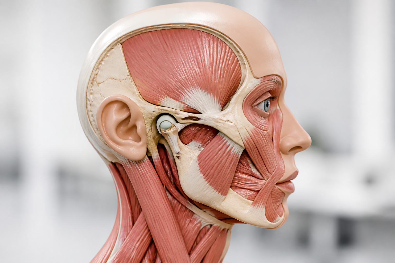 Modèle anatomique de l'articulation temporo-mandibulaire et musculature associée