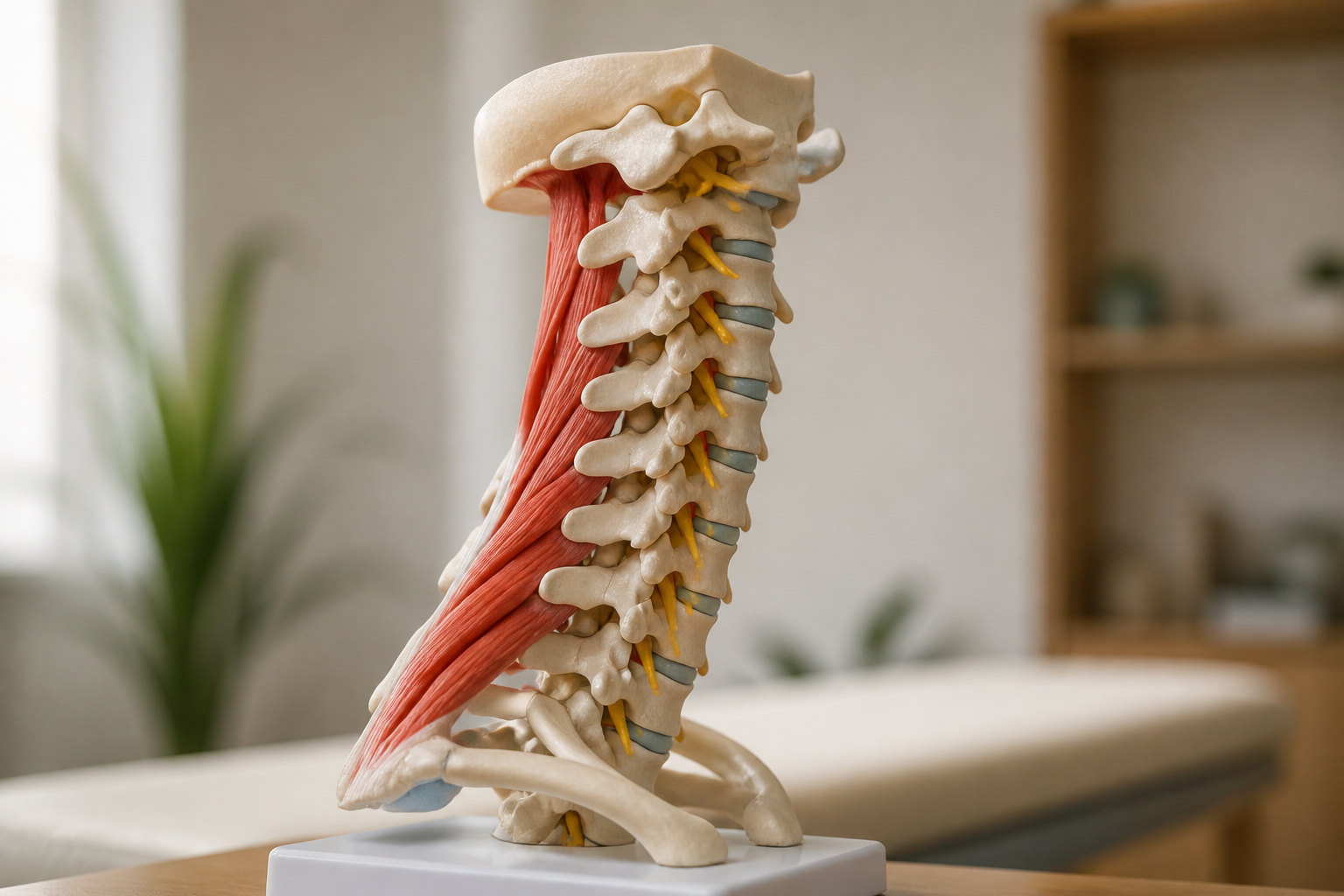 Modèle anatomique des cervicales avec muscles et articulations en cabinet d'ostéopathie