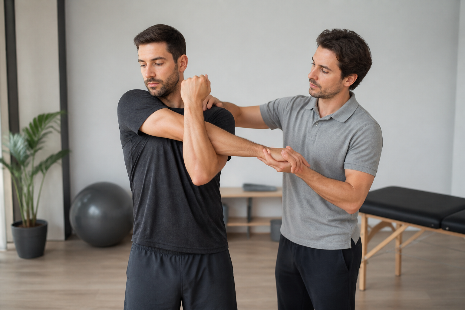 Praticien guidant un sportif amateur dans des étirements doux