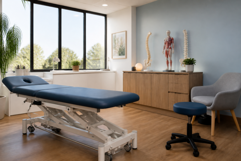 Cabinet d'ostéopathie lumineux à Vitry avec fauteuil et modèles anatomiques