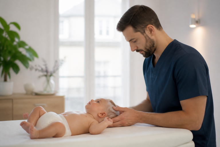 Cabinet d'ostéopathie lumineux à Vitry avec ostéopathe et nourrisson