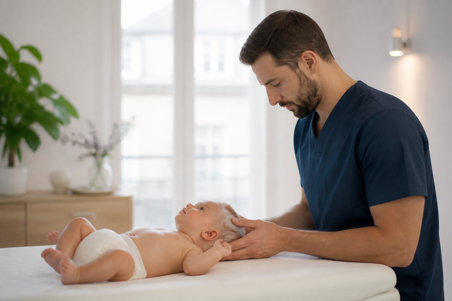 Cabinet d'ostéopathie lumineux à Vitry avec ostéopathe et nourrisson