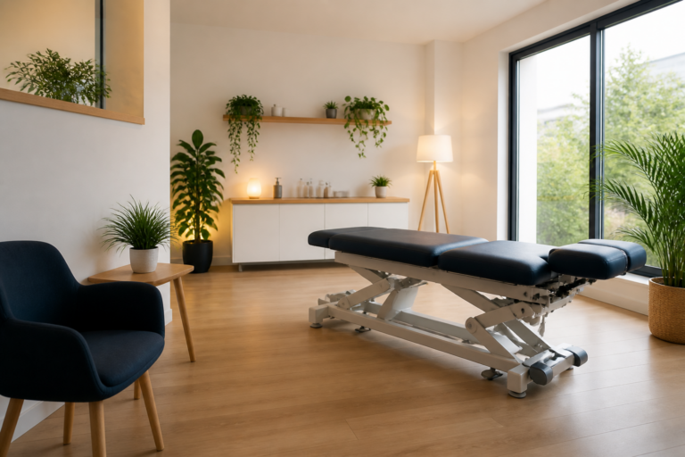 Cabinet d’ostéopathie lumineux et calme à Vitry avec chaise moderne et lumière naturelle
