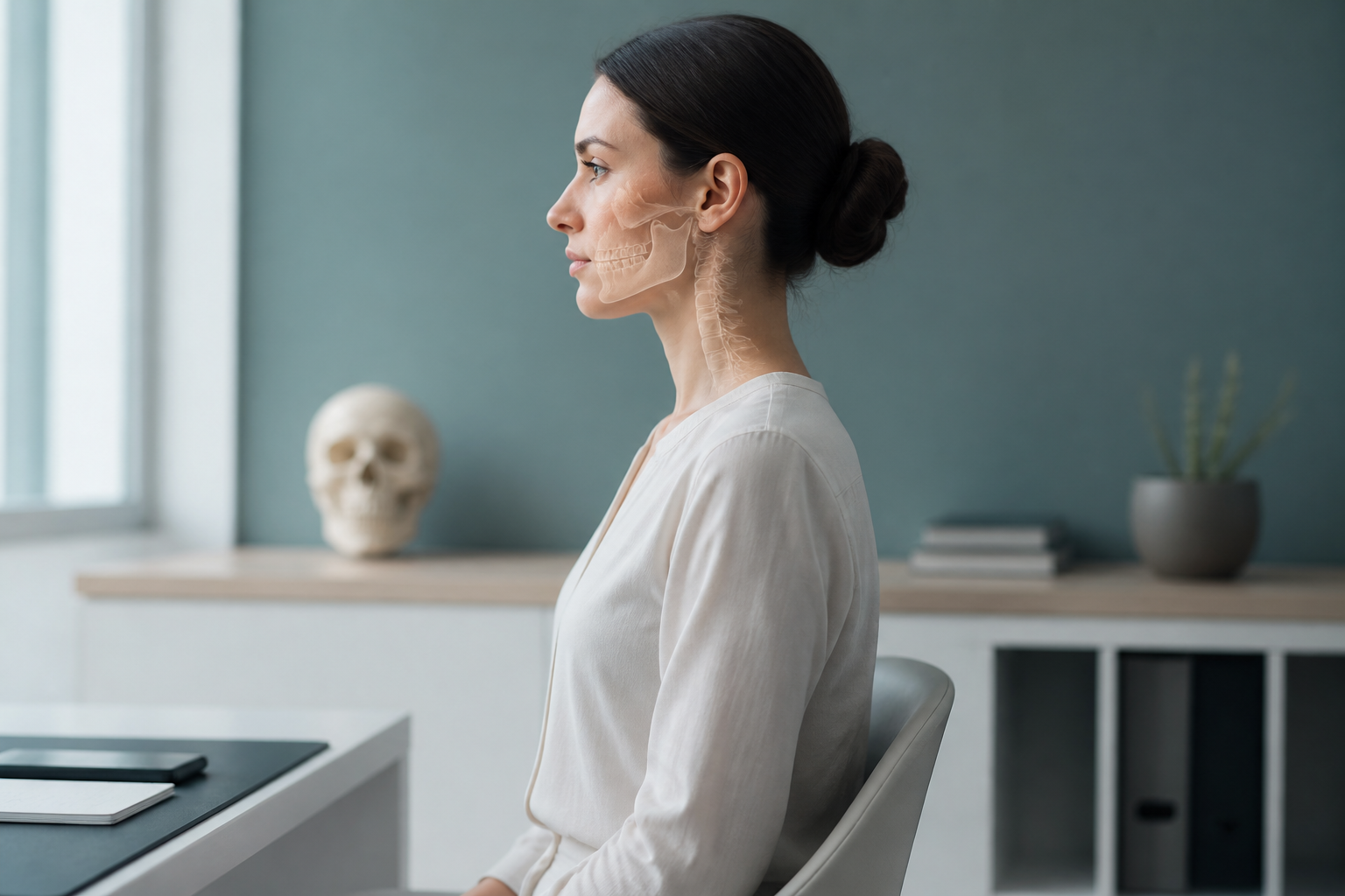 Illustration de la posture neutre avec focus sur la mâchoire et le cou